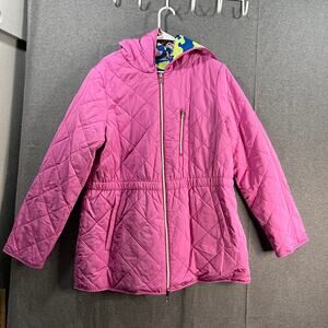 Nuage Reversible Quilted Jacket with Hood & Cinch Waist Pink/Multi Camo, Large